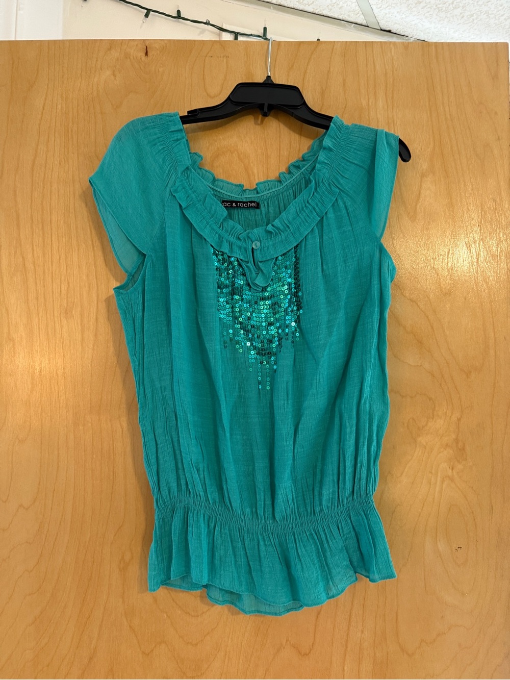 Zac & Rachel Teal Sequin Smocked Waist Blouse Size L